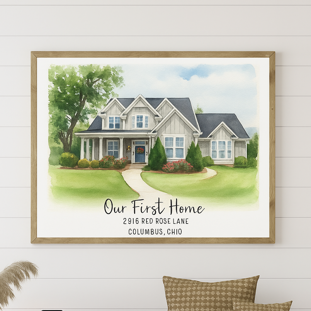 Personalized "Our First Home" Watercolor House Portrait Print – Custom New Home Gift | Address Art Keepsake for Couples & Families