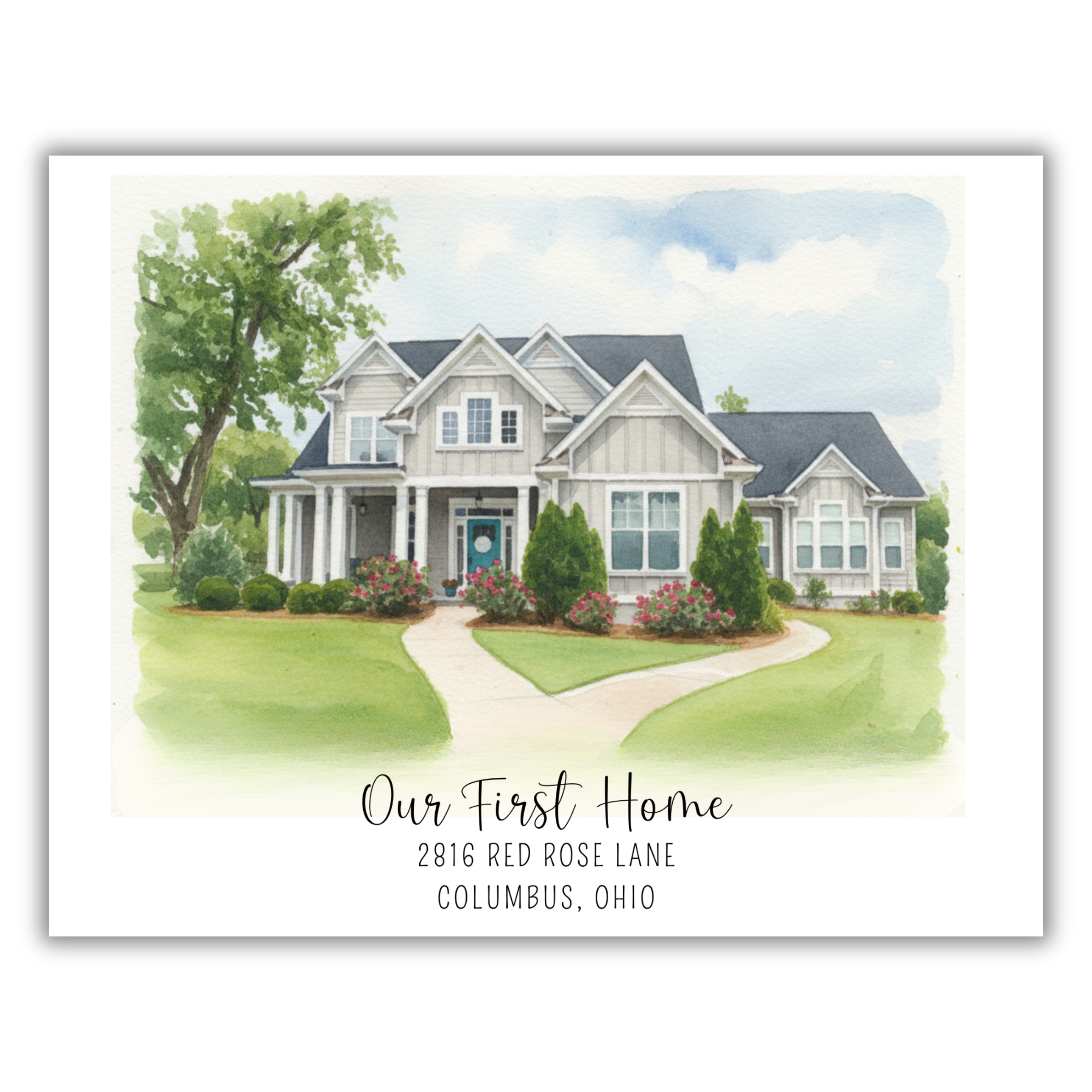 Personalized "Our First Home" Watercolor House Portrait Print – Custom New Home Gift | Address Art Keepsake for Couples & Families