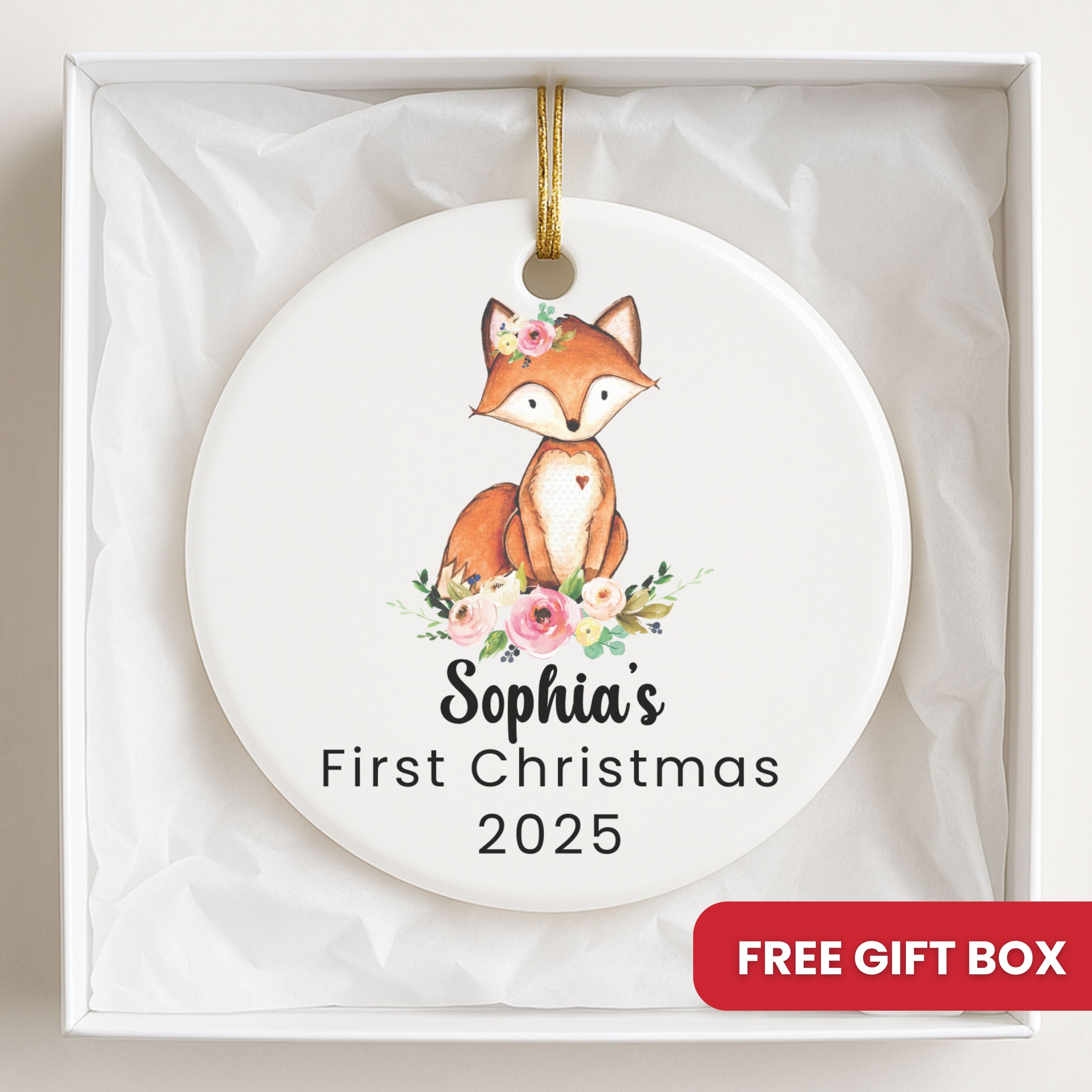 Personalized Baby’s First Christmas Ornament – Woodland Fox Design