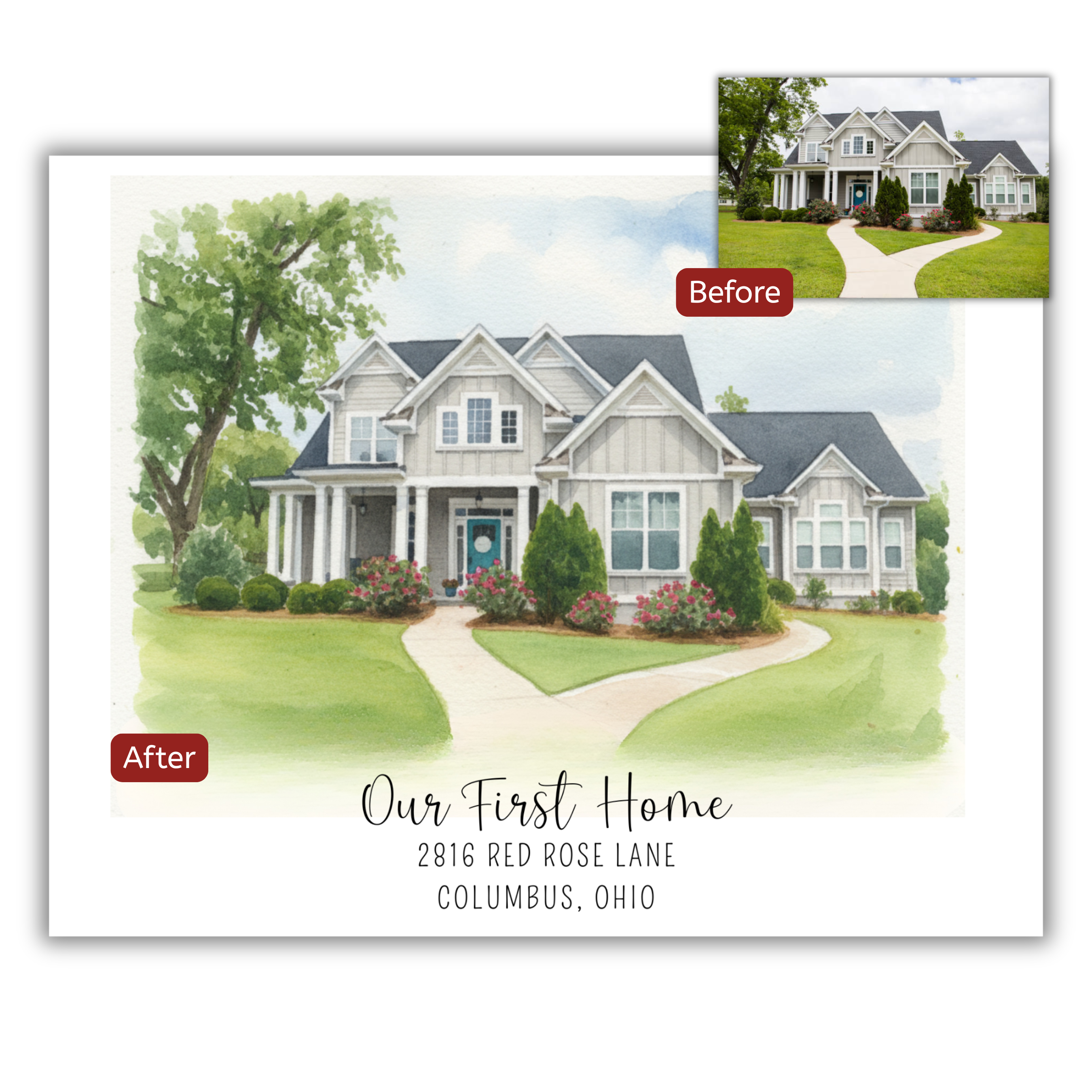 Personalized "Our First Home" Watercolor House Portrait Print – Custom New Home Gift | Address Art Keepsake for Couples & Families