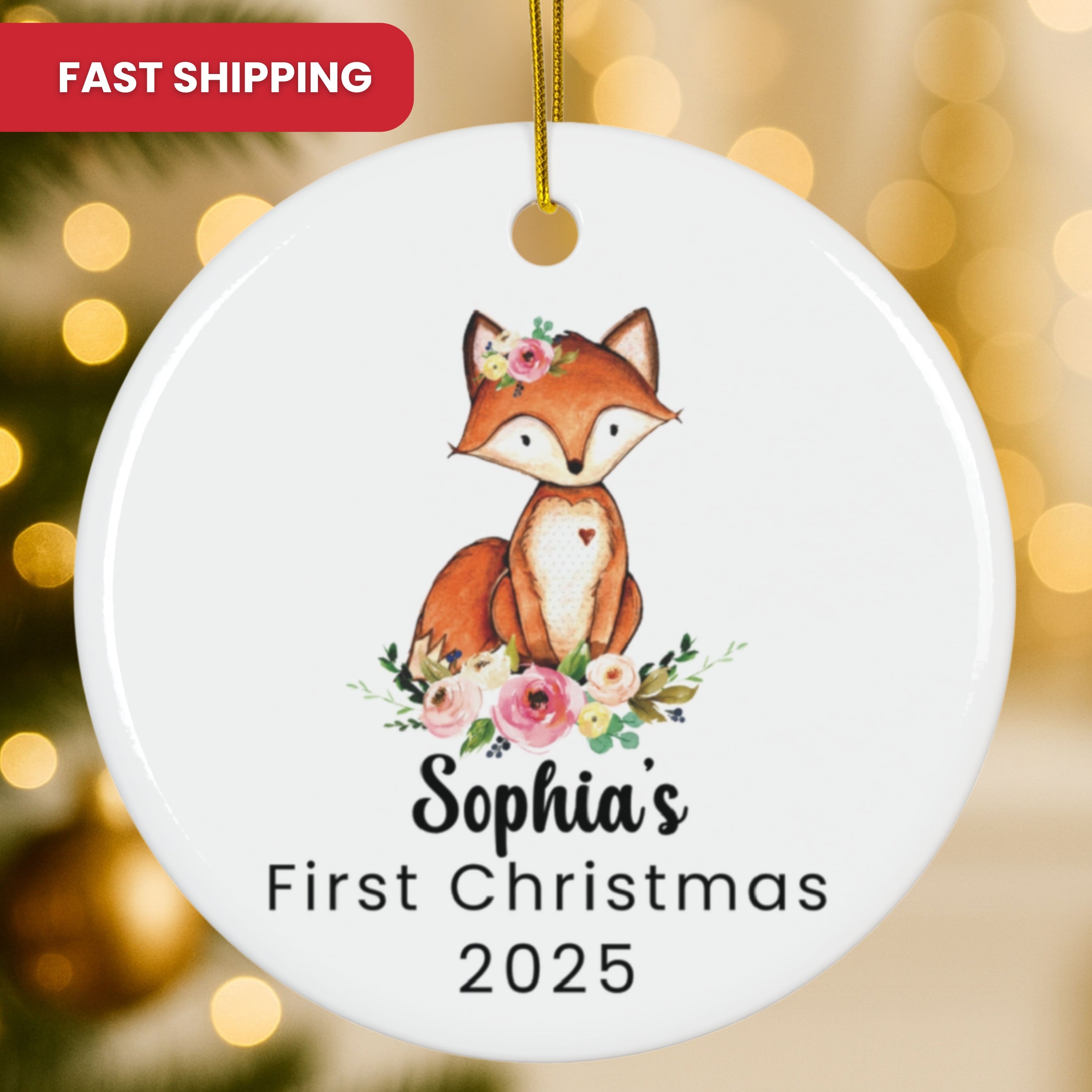 Personalized Baby’s First Christmas Ornament – Woodland Fox Design