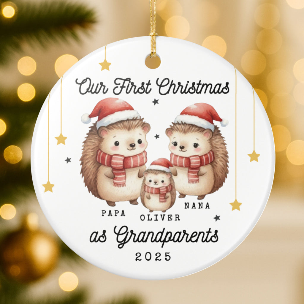 Our First Christmas as Grandparents Ornament – Personalized Hedgehog Design