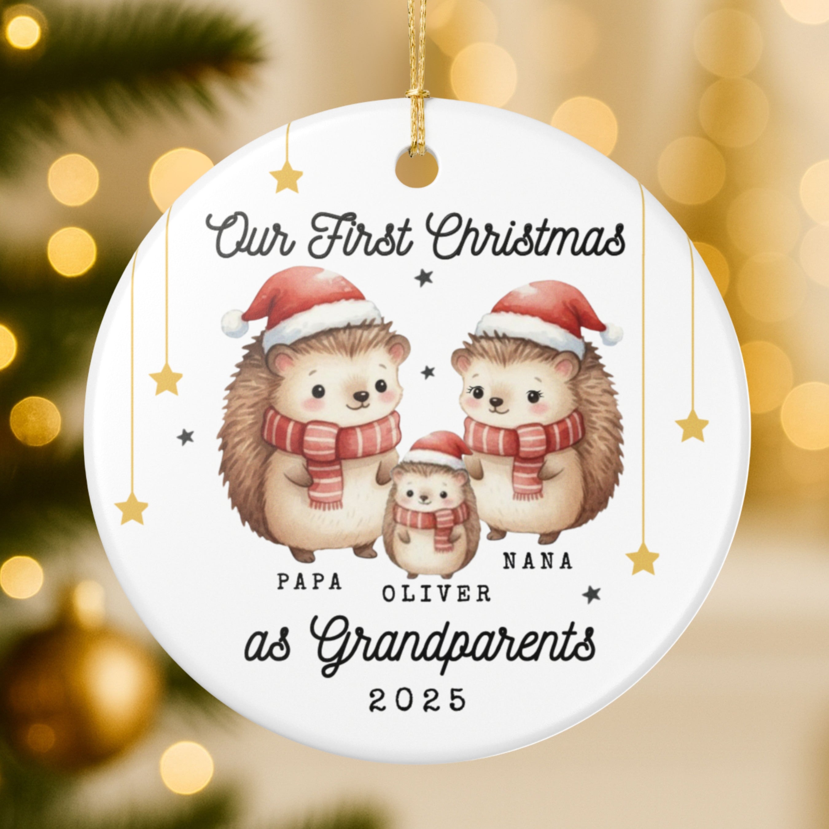Our First Christmas as Grandparents Ornament – Personalized Hedgehog Design